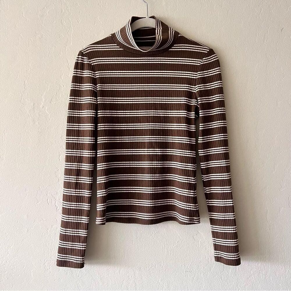 Anthropologie Maeve Women's Brown and White Long Sleeve Mockneck
